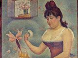 Courtauld 09 Georges Seurat - Young Woman Powdering Herself 9. Paul Cezanne - Card Players. 1890-92, 56 x 69 cm. Le p�re Alexandre sits upright and puffs on his pipe as he faces down his opponent. There is a cool authority to the way he stands. He's all tubes; his tall round hat, long face, sleeves, all have a mathematical roundness, making him the human equivalent of a C�zanne landscape - like the rocks, he's burned down to geometry.